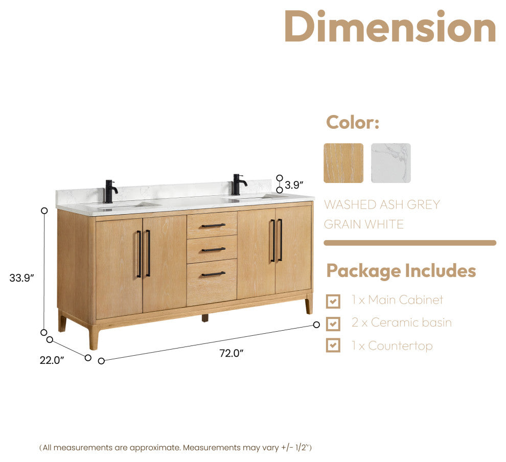 Gara Bath Vanity, Stone Top, Washed Ash Grey, 72", Double Vanity, No Mirror