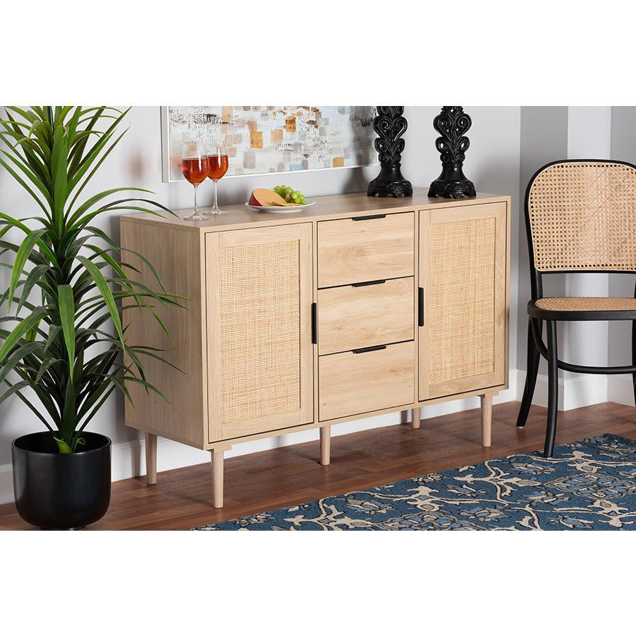 Natural Brown Finished Wood and Natural Rattan 3-Drawer Sideboard