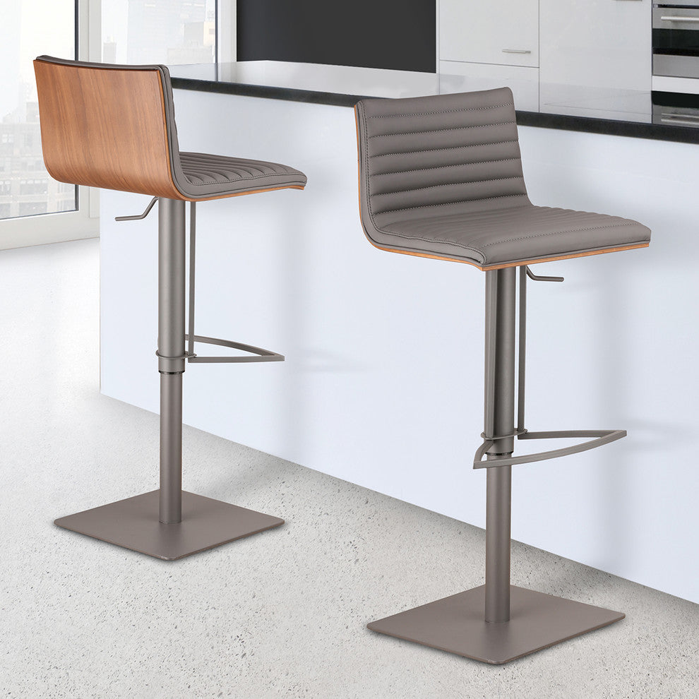 Carmichael Adjustable Gray Metal Barstool, Gray Faux Leather With Walnut Back