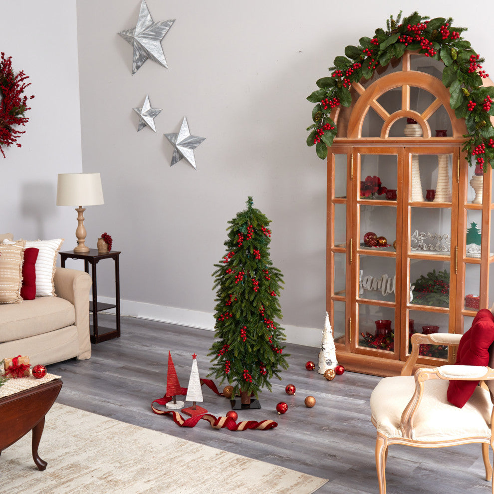 4' Victoria Fir Faux Xmas Tree W/ Lights, Berries & Bendable Branches