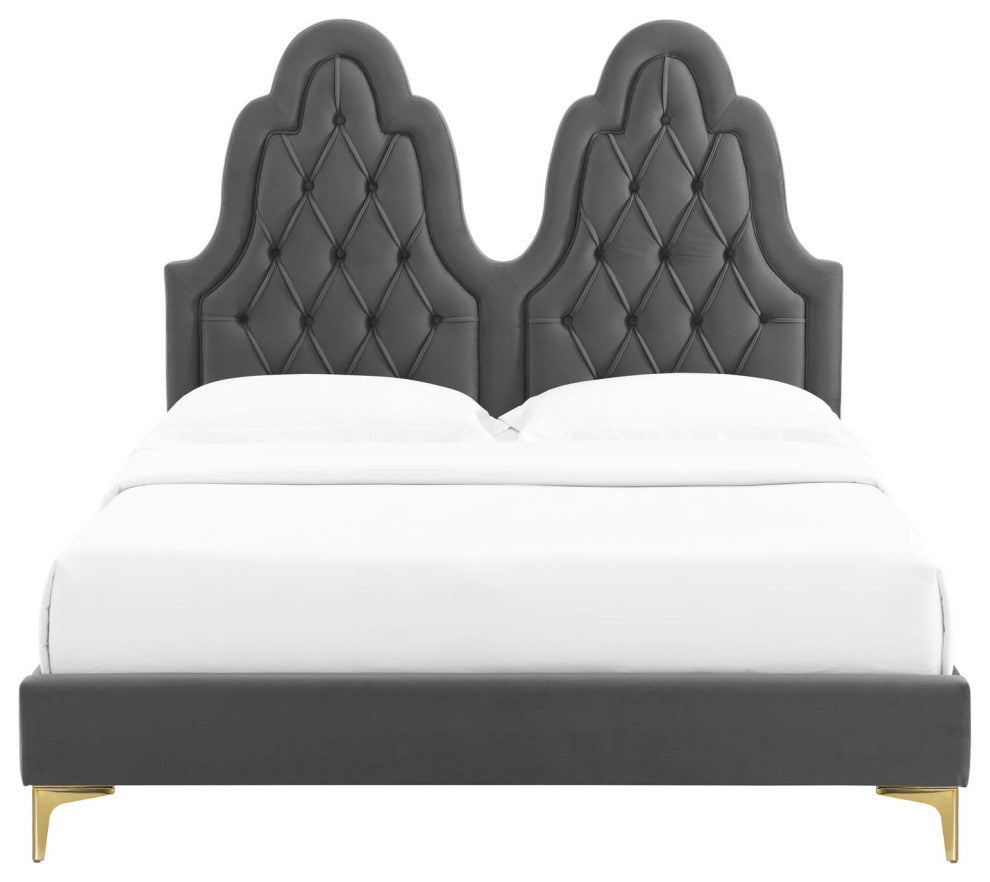 Tufted Platform Bed Frame, King Size, Velvet, Gray, Modern Contemporary
