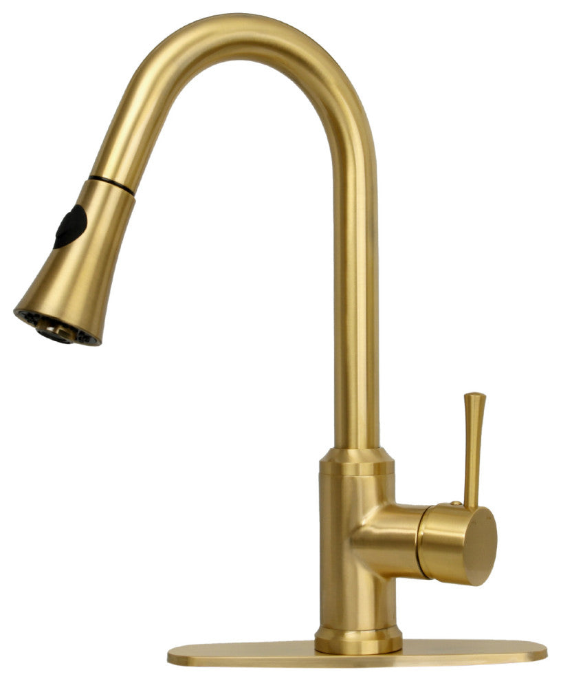 Copper Pull Down Kitchen Faucet With Deck Plate, Single Level Brass Sink Faucets, Brushed Gold