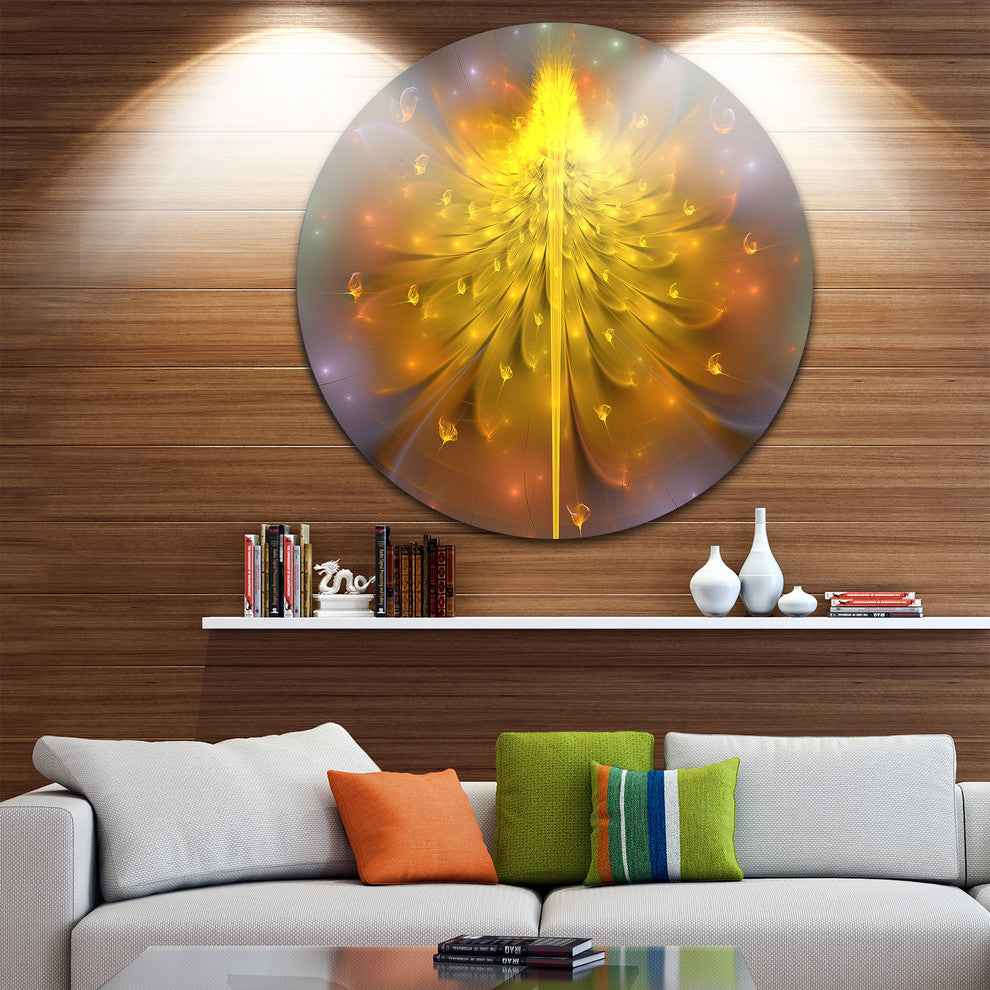 Yellow Fractal Flower With Pink, Floral Disc Metal Wall Art, 36"