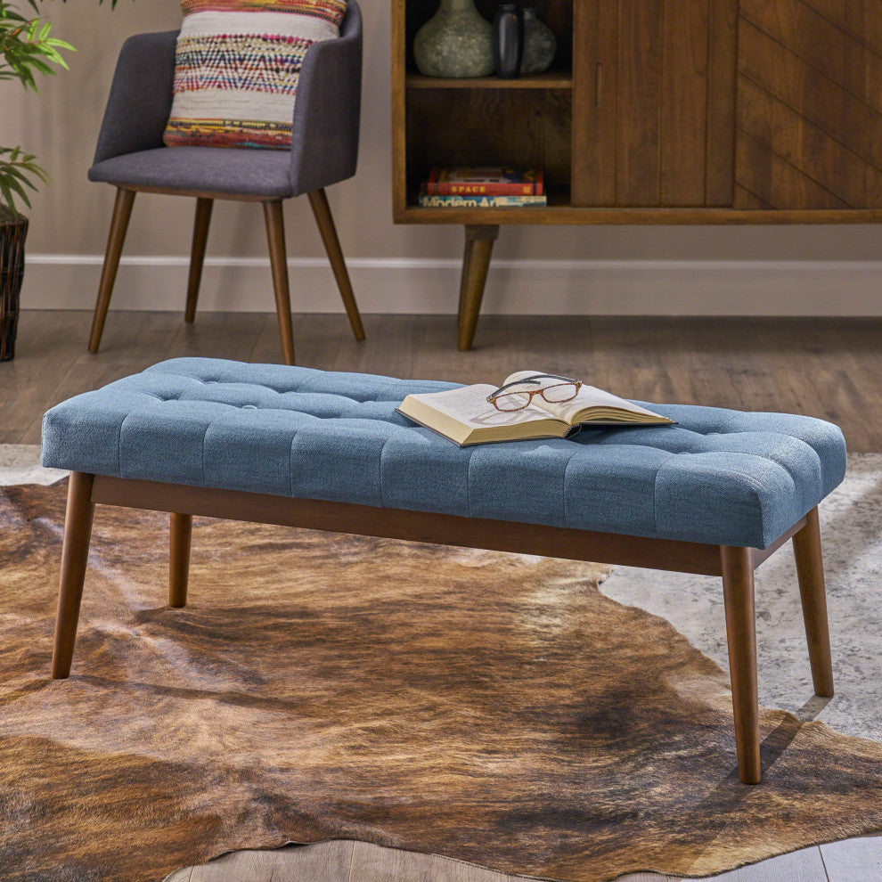 GDF Studio Flora Mid Century Tufted Fabric Ottoman, Blue