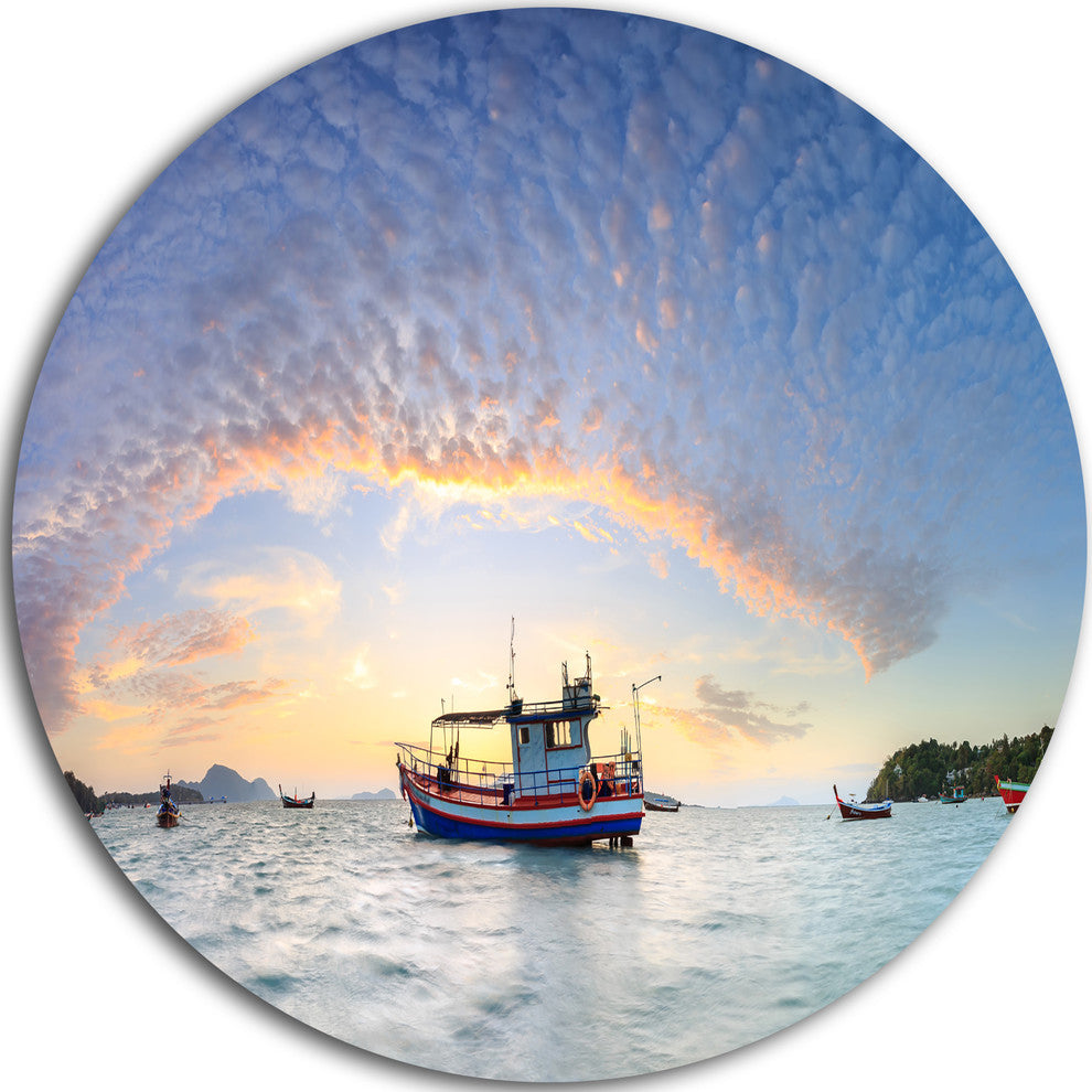 Fishing Boat At Phuket Sunrise Beach, Seascape Disc Metal Wall Art, 23"