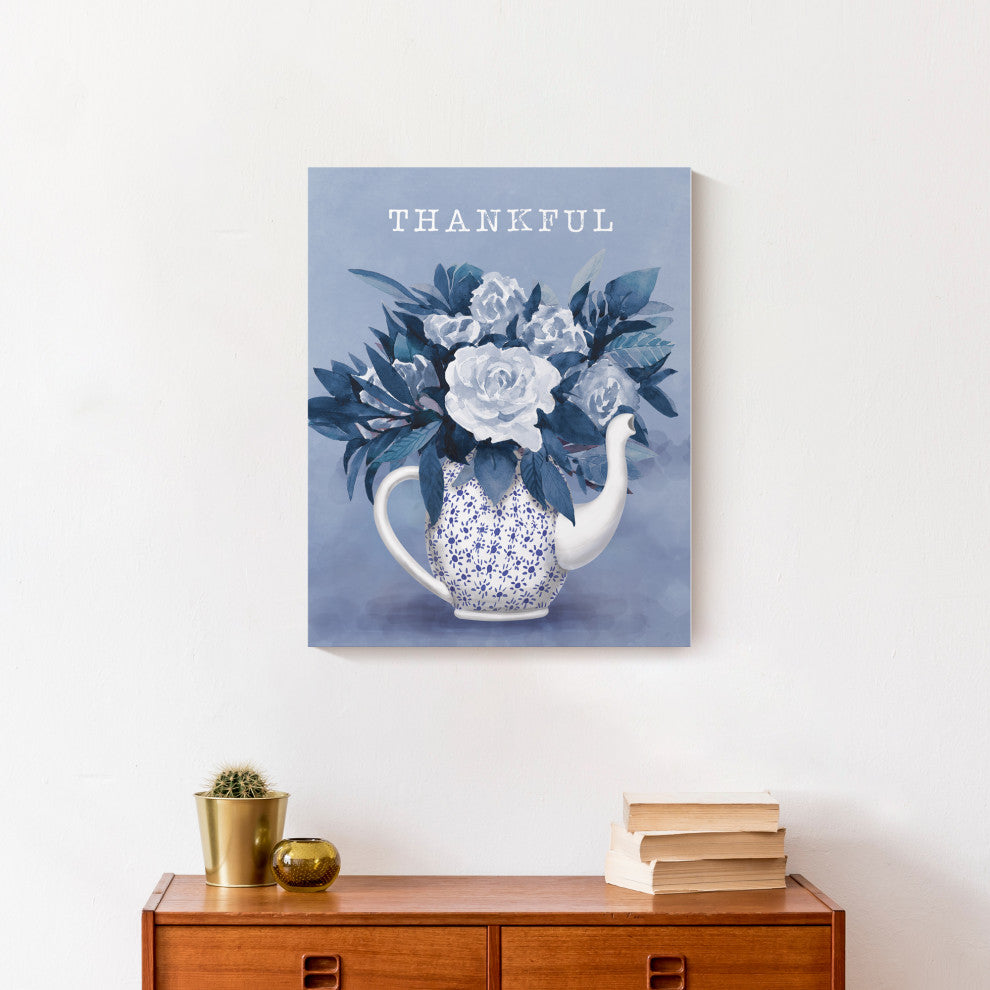 Thankful Teapot With Flowers 16x20 Canvas Wall Art