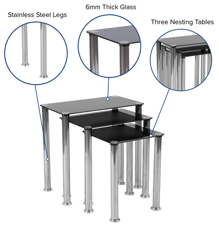 Black Glass Nesting Tables With Stainless Steel Legs