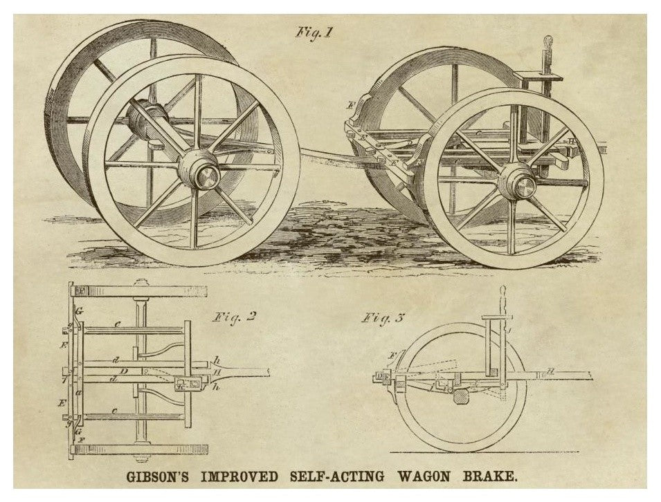 "Gibson's Improved Self-Acting Wagon Brake" Paper Print by Inventions, 24"x19"