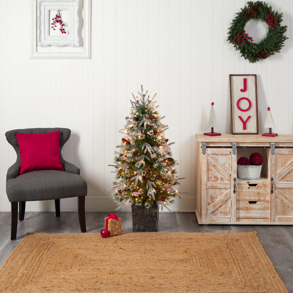 4' Frosted Christmas Tree Pre-Lit With 105 LED lights and Berries in Planter