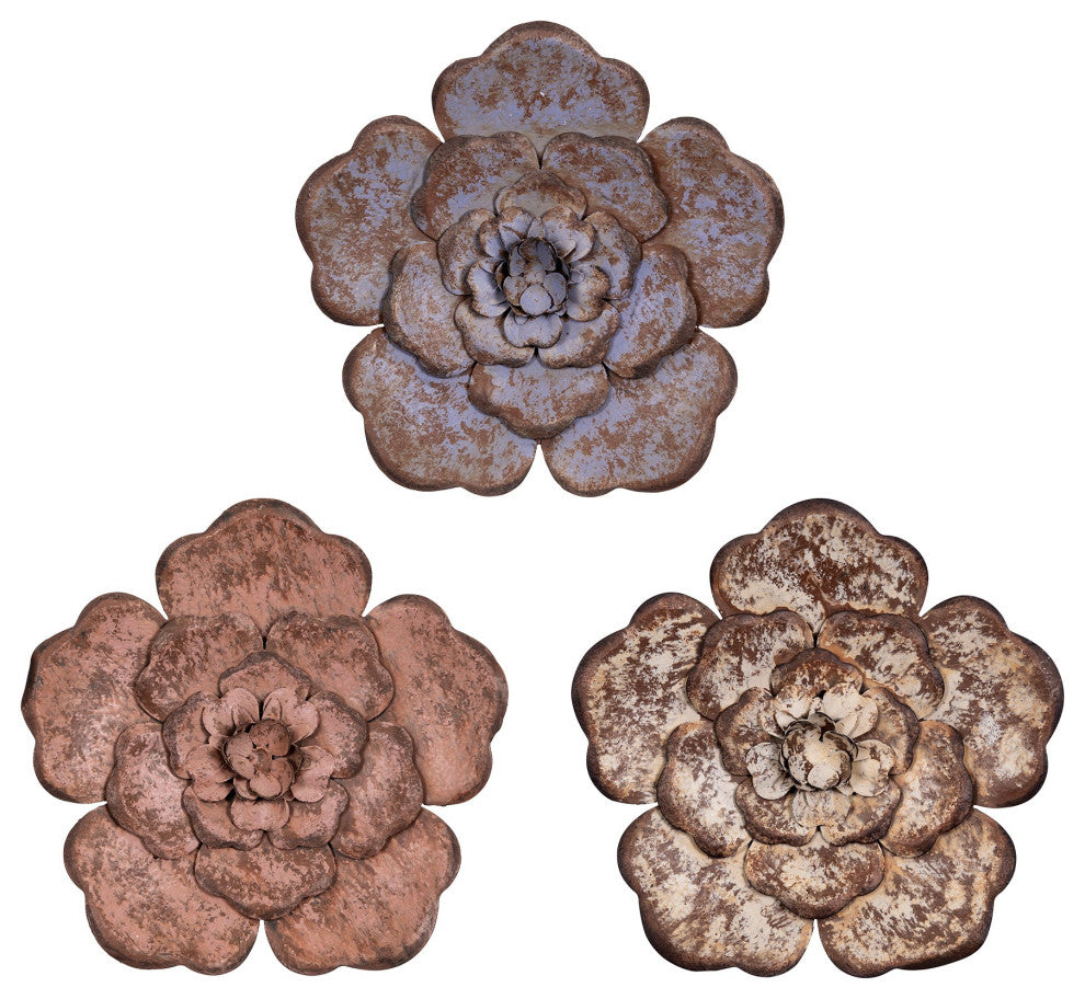 Set of Three Distressed Metal Flower Wall Decor