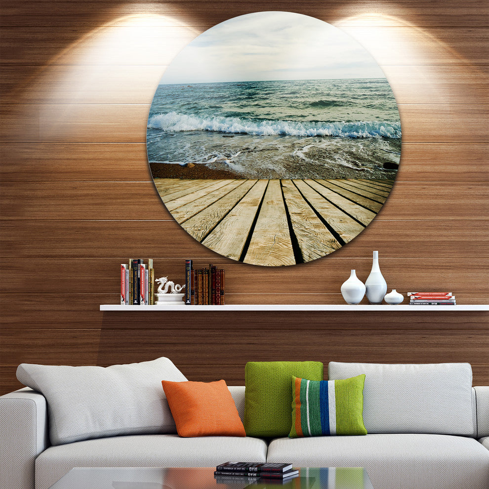 Wooden Pier In Waving Sea, Seascape Photo Disc Metal Wall Art, 36"