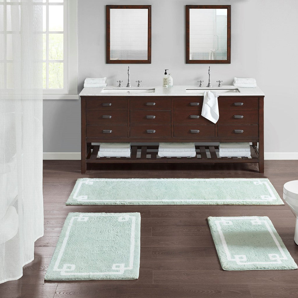 Madison Park Evan High Pile Bordered Bathroom Rug, Blue, Seafoam Green, Medium