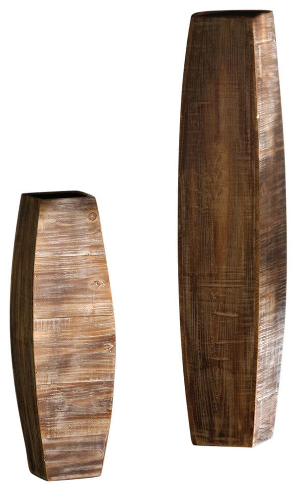 Whitewash Tall Oblong Wooden Vases, Set of 2