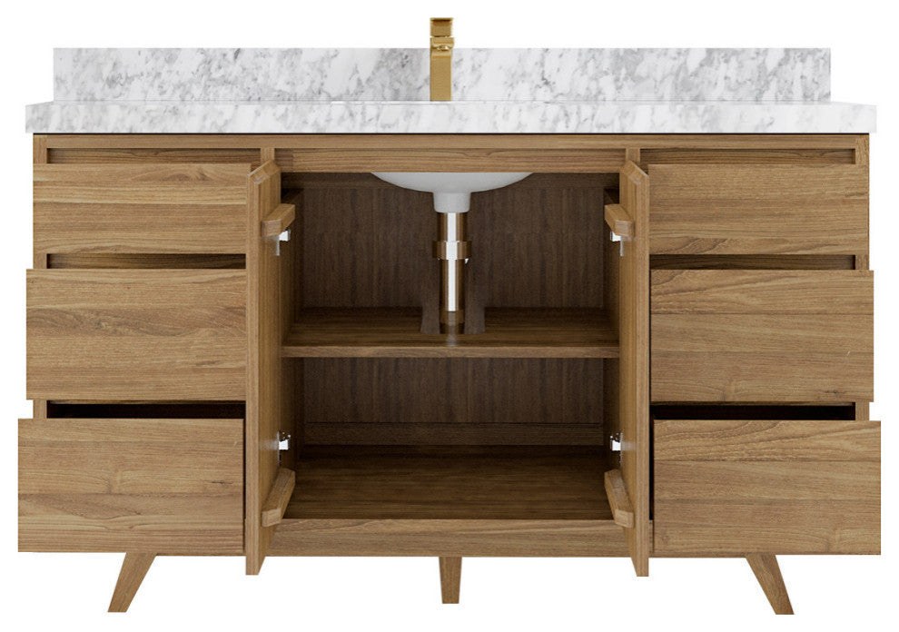 Madison  Teak 60 Single Bathroom Vanity Golden Teak 2" Carrara Marble