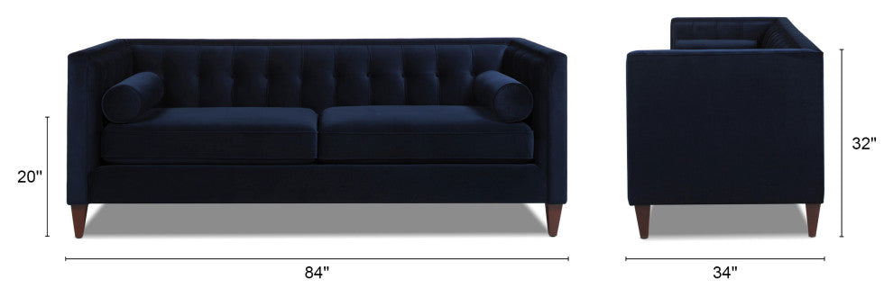 Jack 84" Modern Tuxedo Sofa With Bolster Pillows, Dark Navy Blue Velvet