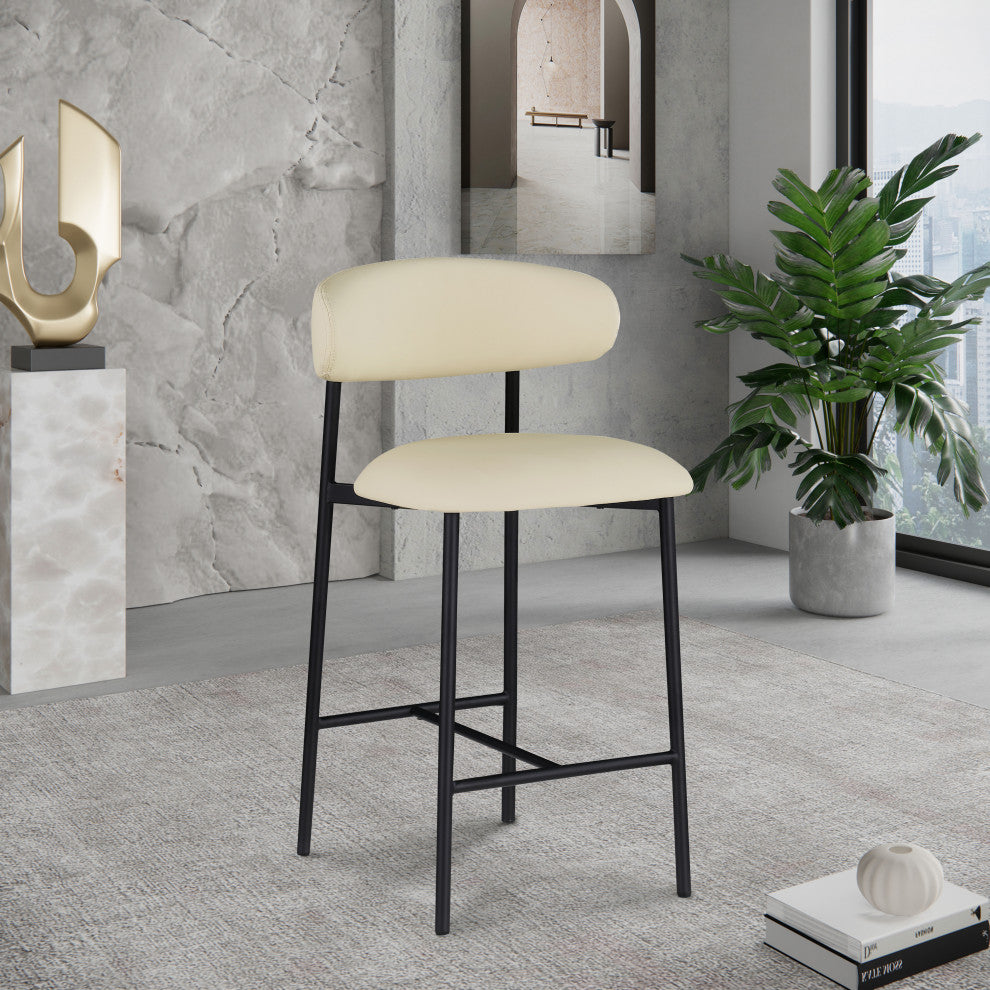 Lupita Upholstered Counter Stool, Cream, Vegan Leather, Matte Black, Set of 2