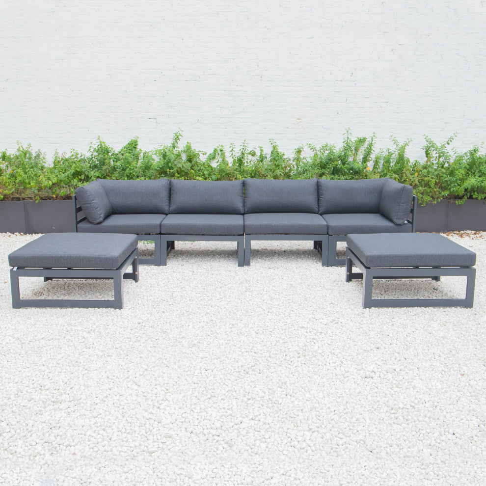 LeisureMod Chelsea 6-Piece Patio Ottoman Sectional Black Aluminum, Black