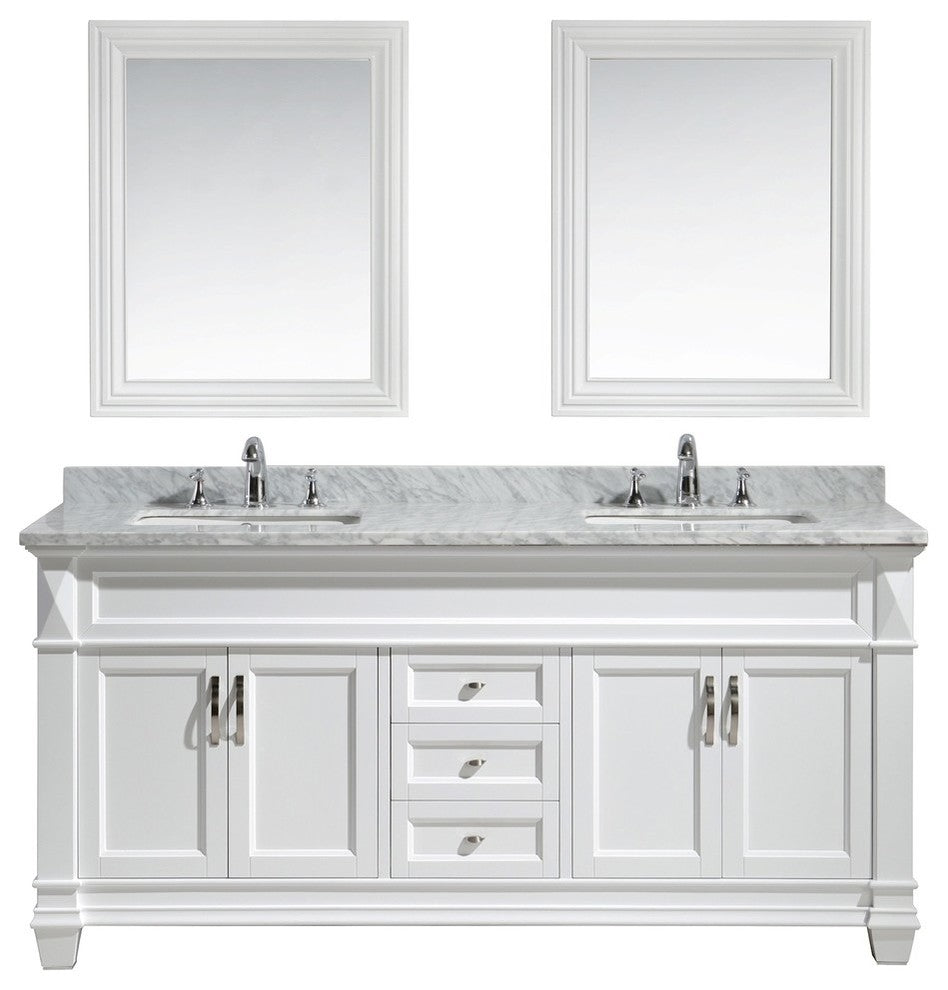 Hudson 72" Double Sink Vanity Set, White With White Carrara Marble Countertop