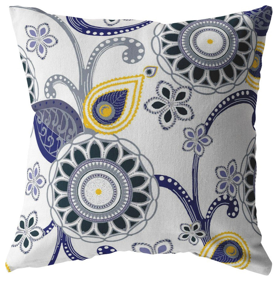 16 Navy White Floral Indoor Outdoor Zippered Throw Pillow