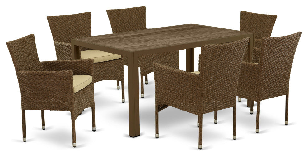 7Pc Outdoor- Brown Wicker Dining Set, Patio Table, 6 Balcony Backyard Armchair