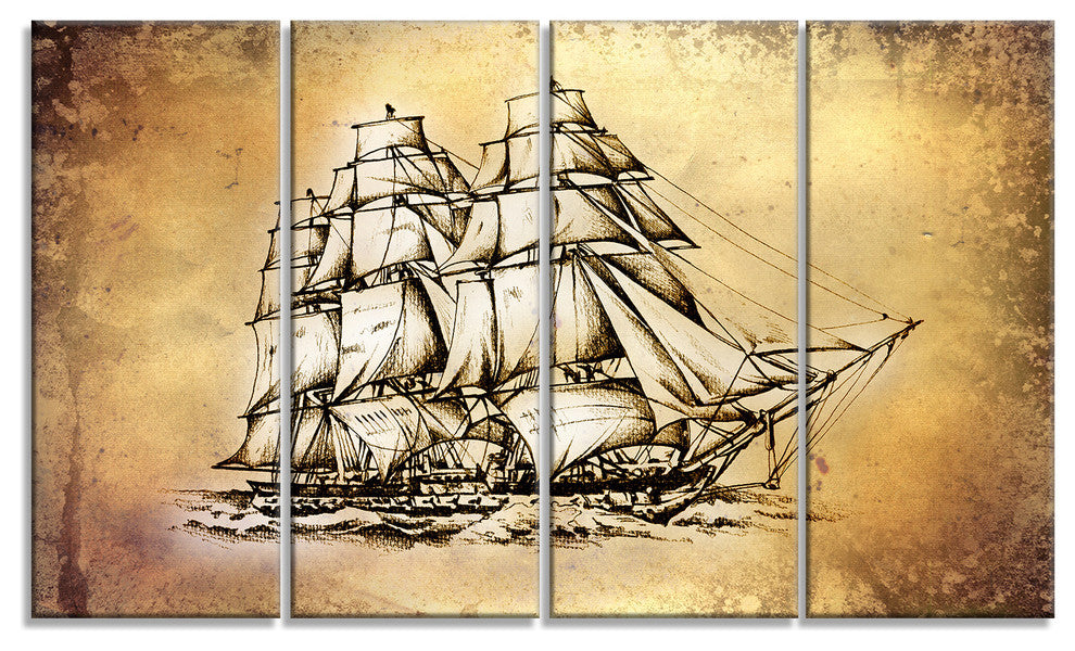 Moving Old Sailboat Drawing, Seashore Wall Art on Canvas, 48"x28", 4 Panels
