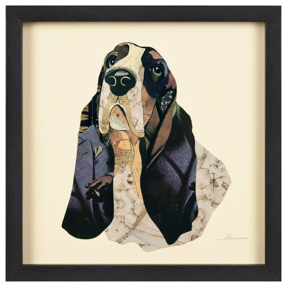 Basset Hound Dimensional Handmade Collage Wall Art Framed Under Glass