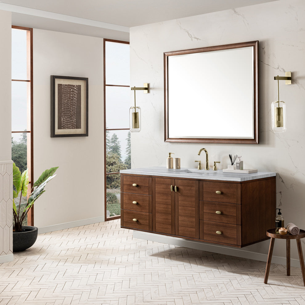 Amberly 60" Single Vanity, Mid-Century Walnut, 3CM Arctic Fall Top