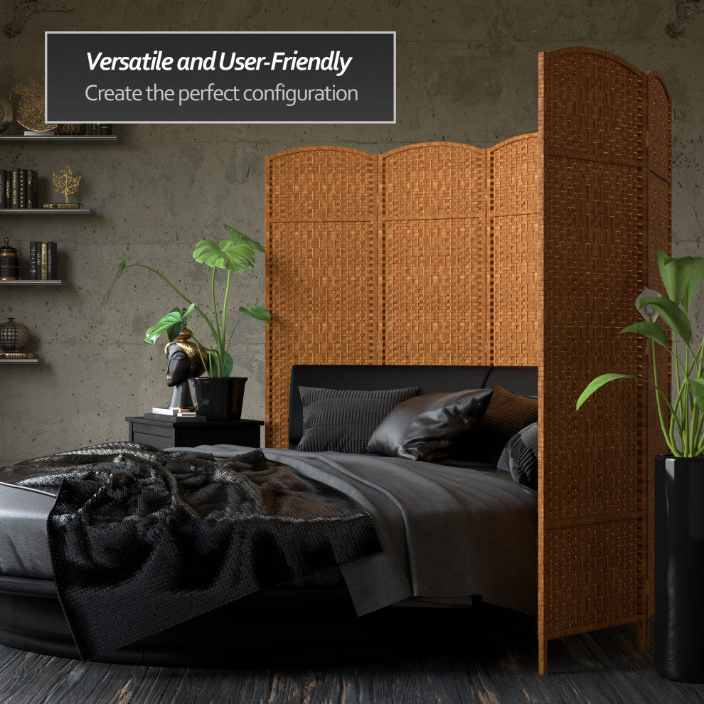 6' Tall Diamond Weave Fiber Room Divider, Dark Beige, 4 Panel