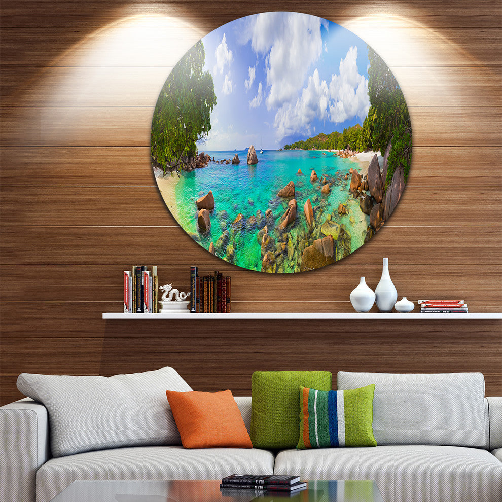 Beach Anse Lazio At Seychelles, Landscape Photo Disc Metal Artwork, 11"