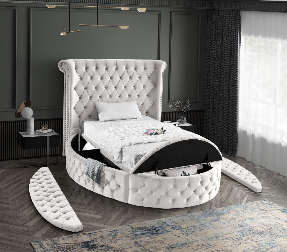 Luxus Button Tufted Velvet Round Bed, Cream, Twin