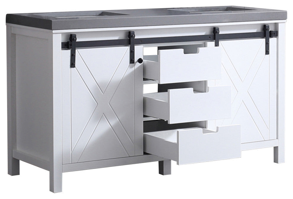 Marsyas 60" White Double Vanity, Gray Quartz Top, White Sinks, No Mirror