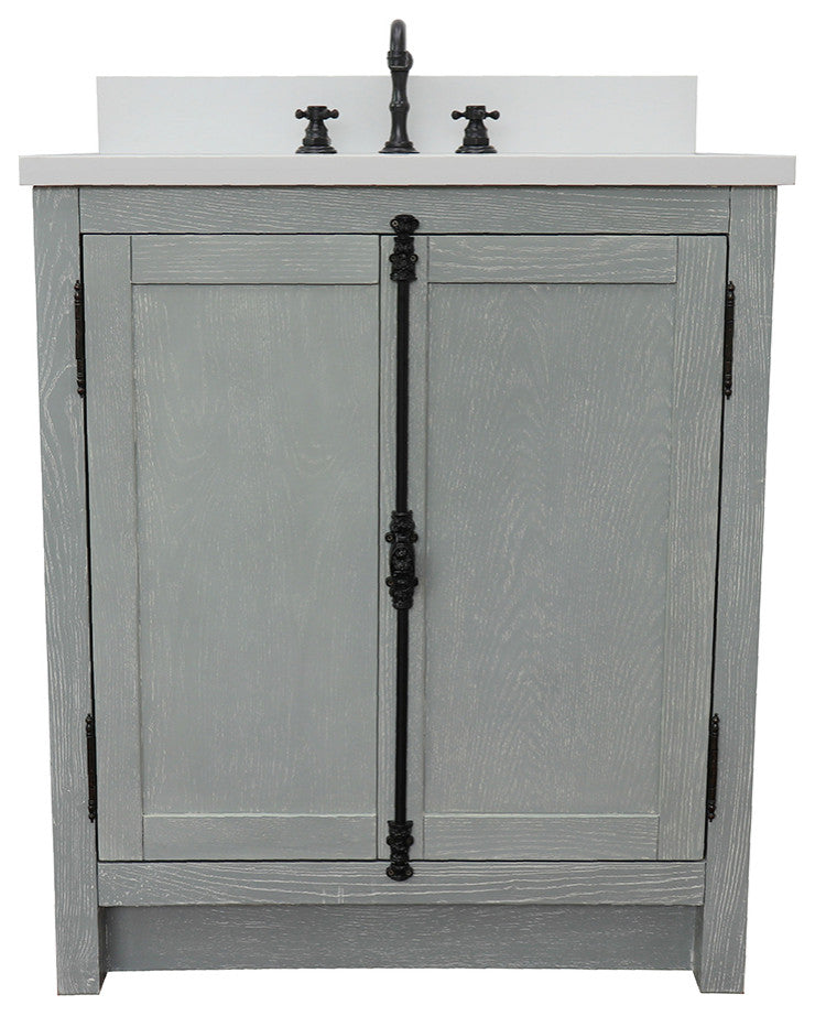 30" Single Vanity, Gray Ash, White Engineered Stone Top, Oval Sink