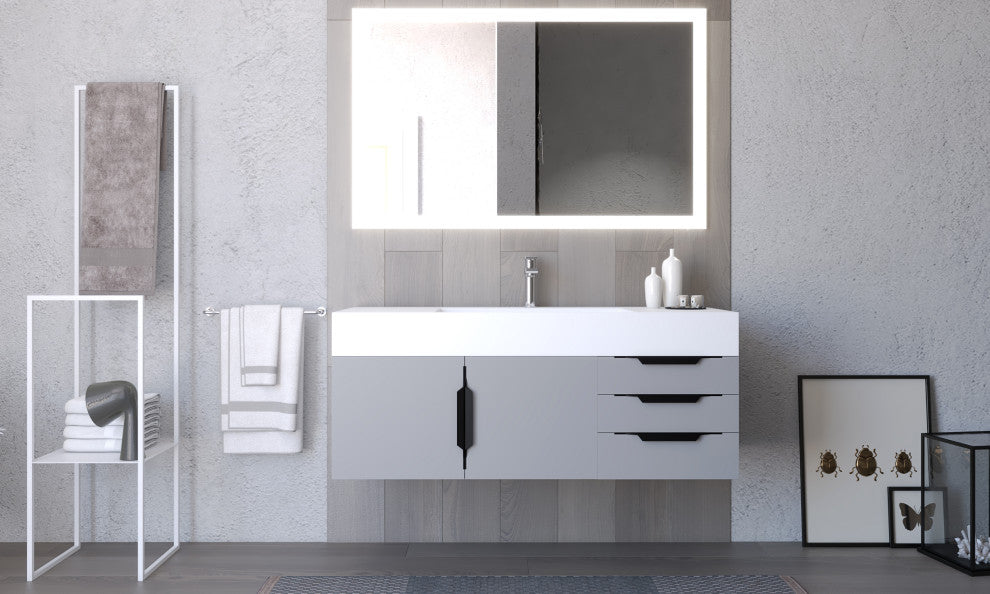 CastelloUSA Amazon 48" Wall Mounted Vanity Set, Gray, White Top, Black Handles