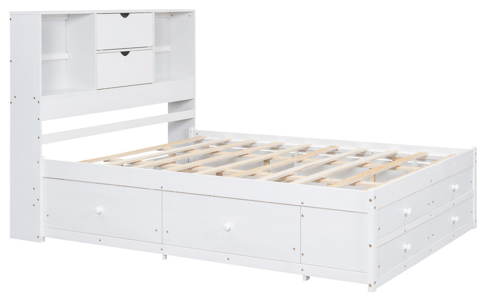 Gewnee win Size Wood Platform Bed with House-shaped Headboard in White