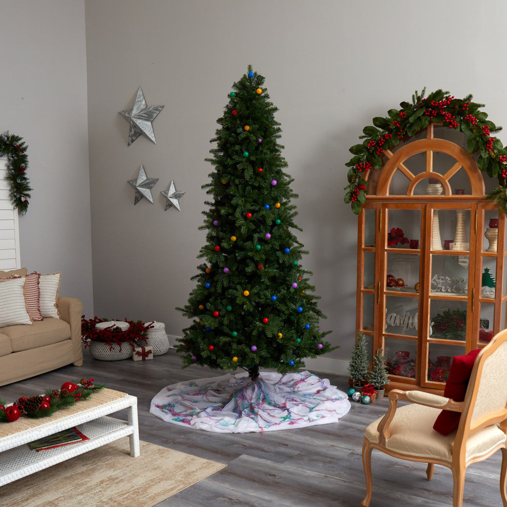 8.5' Montana Mountain Fir Faux Xmas Tree W/Multicolor Lights & Globe Bulbs