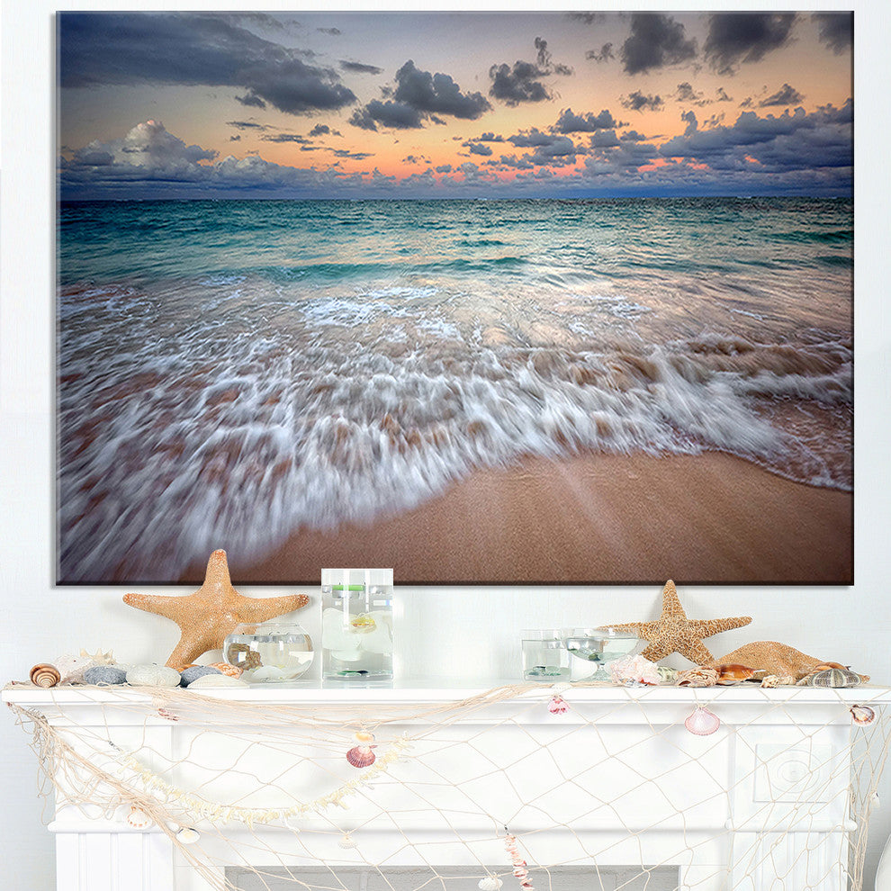"Waves Crashing Serene Seashore" Seashore Canvas Wall Art, 32"x16"