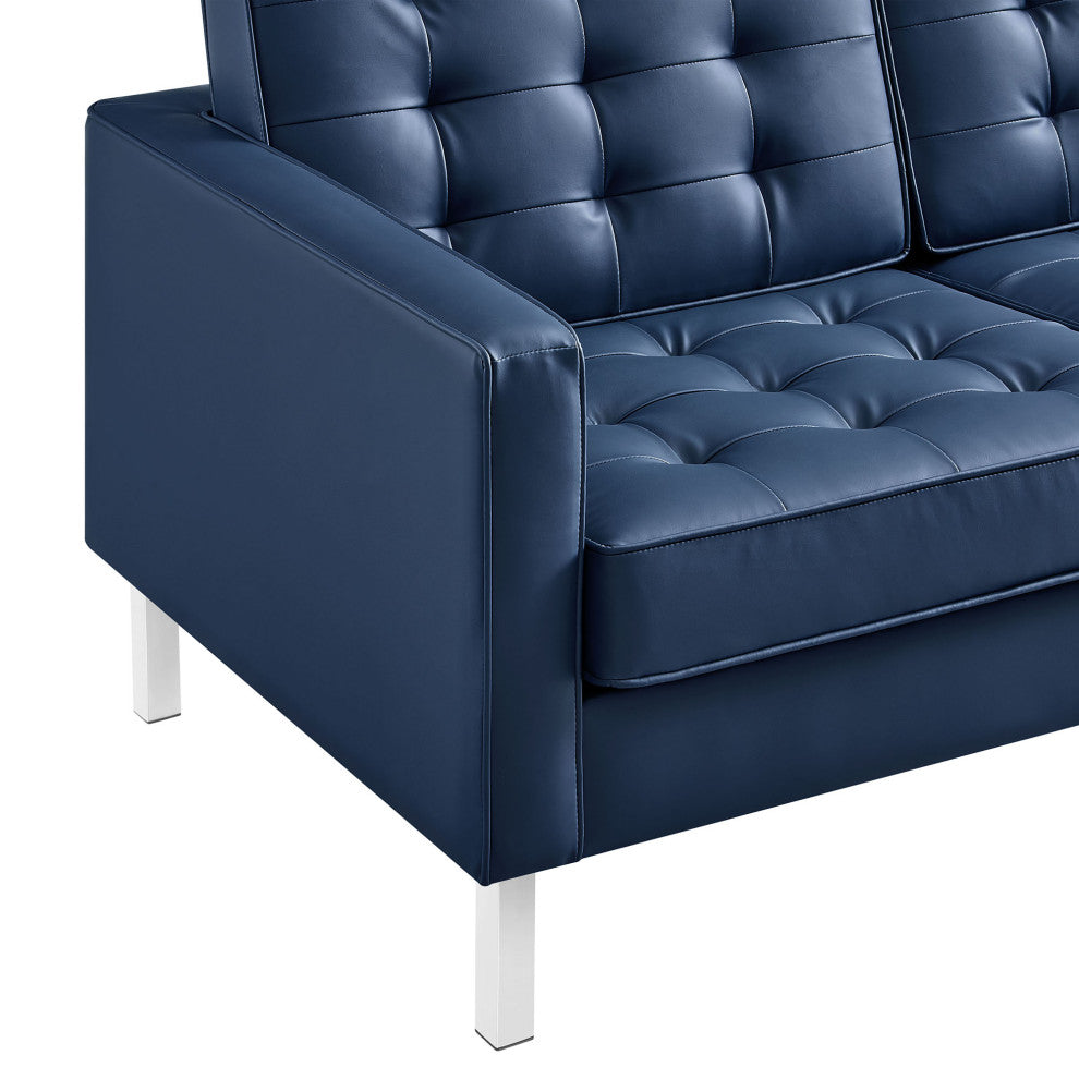 Loft Tufted Upholstered Faux Leather Loveseat Silver Navy