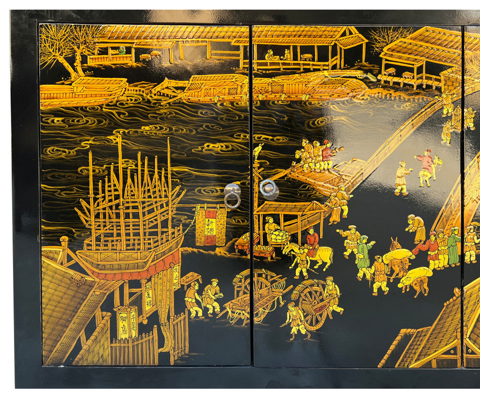 Black Golden Scenery Graphic Sideboard Buffet Console Table Cabinet Hcs7643