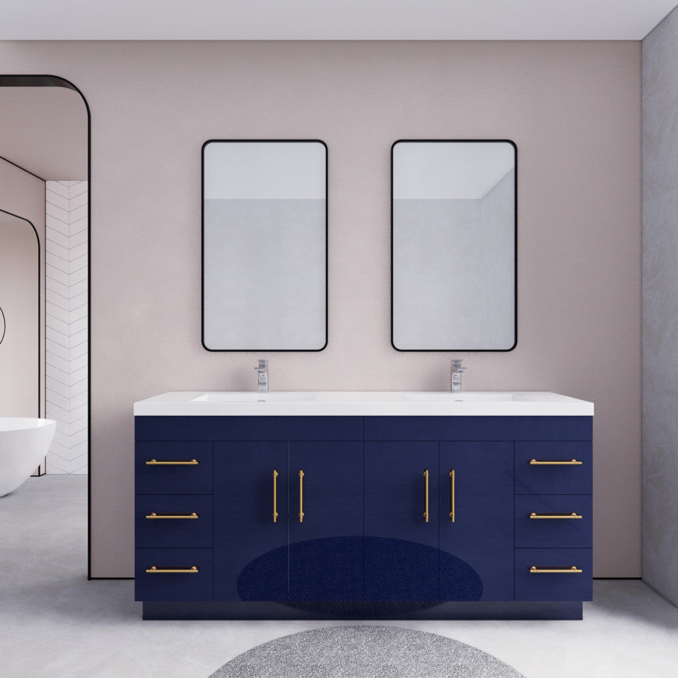 Rosa 72" Free Standing Modern Vanity, High Gloss Night Blue, Glossy White Top