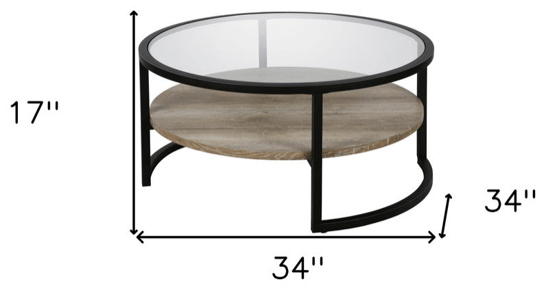 34" Black Glass And Steel Round Coffee Table With Shelf