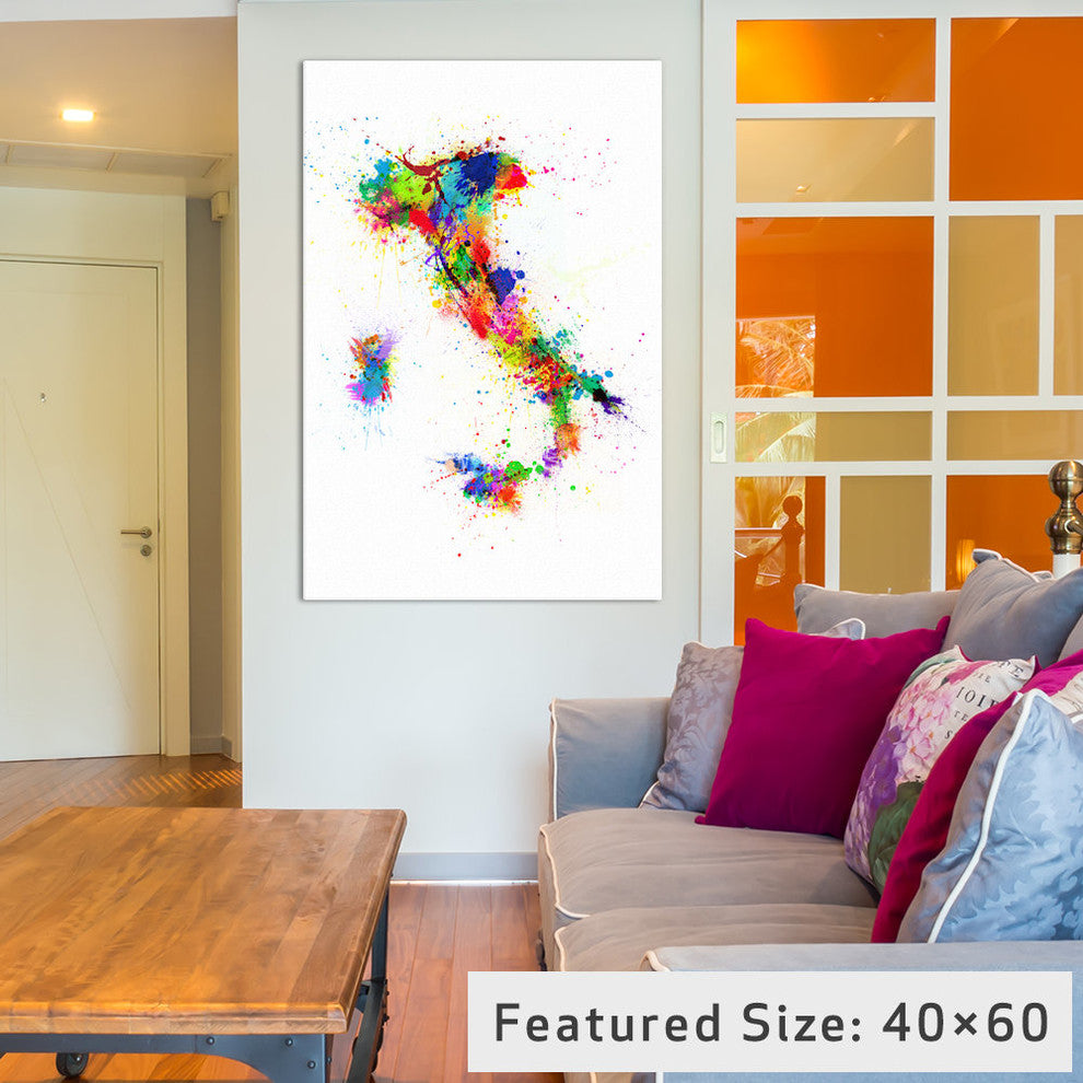 "Map Of Italy Paint Splashes II" Wrapped Canvas Print, 40x26x1.5