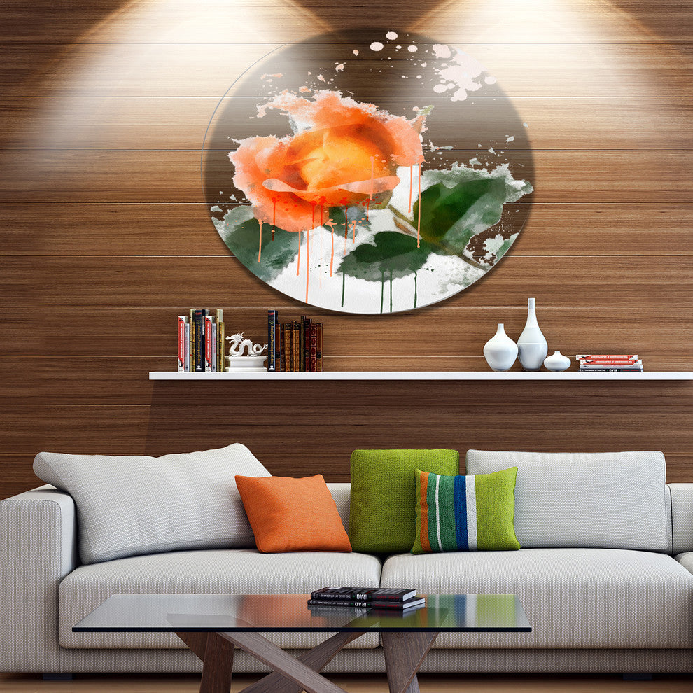 Orange Rose Sketch Watercolor, Modern Floral Round Metal Wall Art, 36"