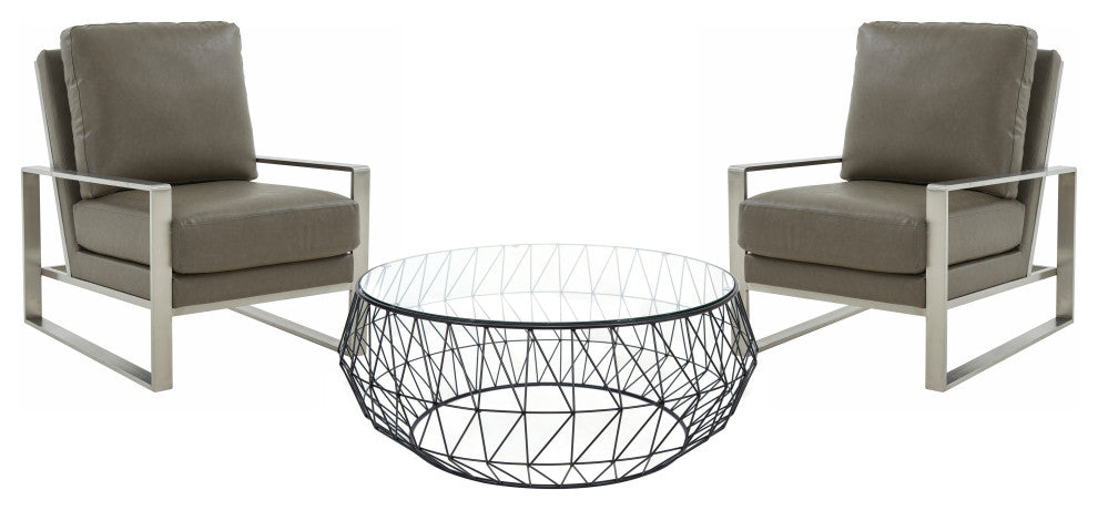 LeisureMod Jefferson 3-Piece Set With Coffee Table and 2 Arm Chairs, Gray