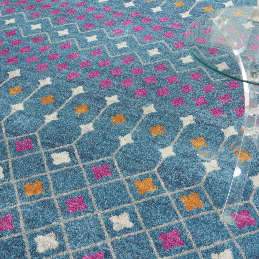 7' X 10' Blue And Orange Geometric Dhurrie Area Rug