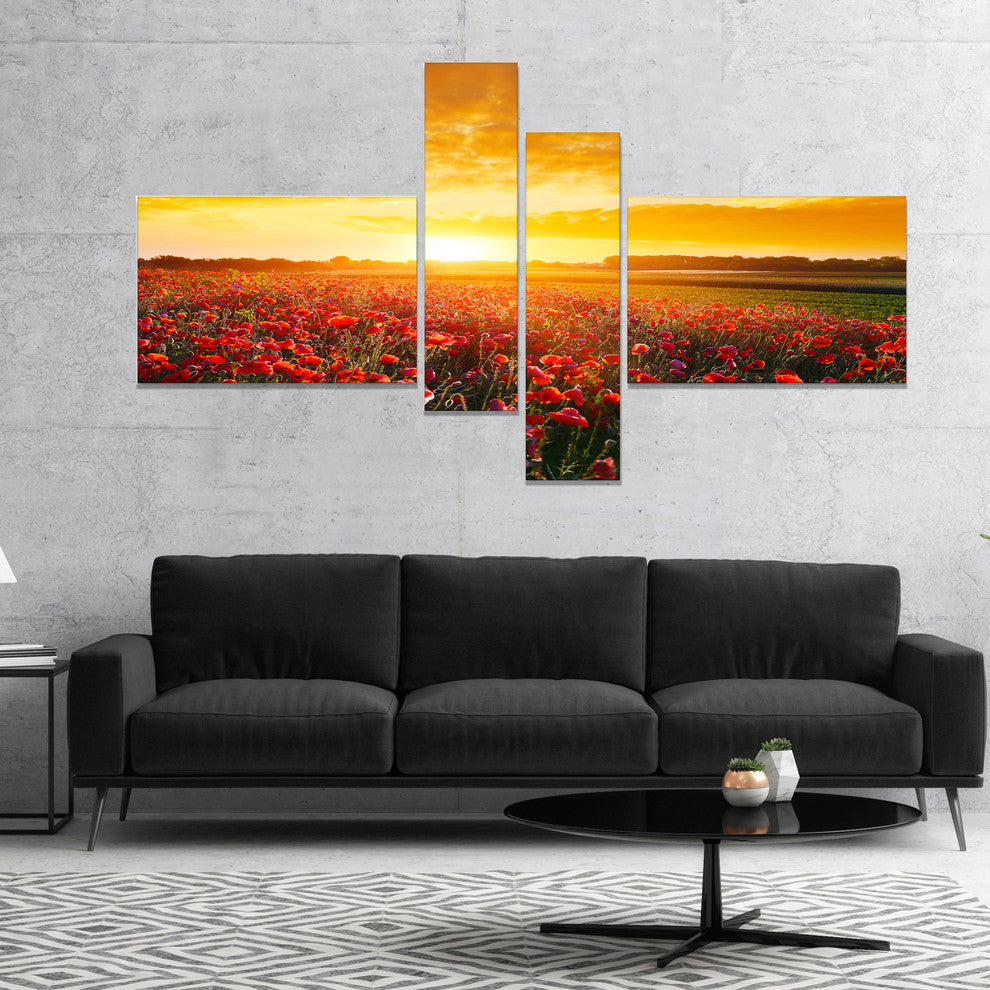 Poppy Field under Ablaze Sunset, Abstract Wall Art Canvas, 60"x32", 4 panels