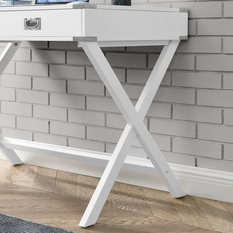 TATEUS Computer Desk with Storage, Solid Wood Desk with Drawers, White