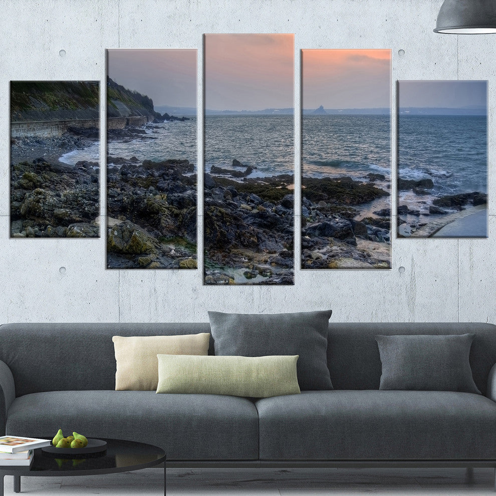 "Dark Rocky Seashore Sunrise" Seashore Canvas Art, 5 Panels, 60"x32"