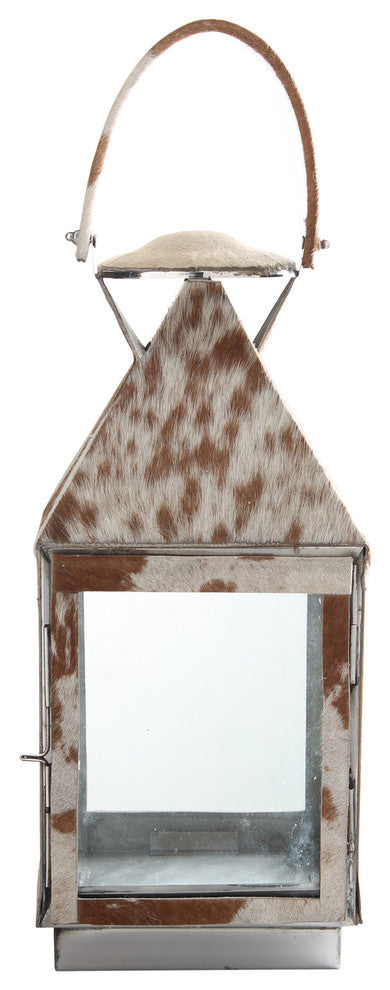 SAFARI Cowhide Lantern, Silver Metal with Cowhide Accents