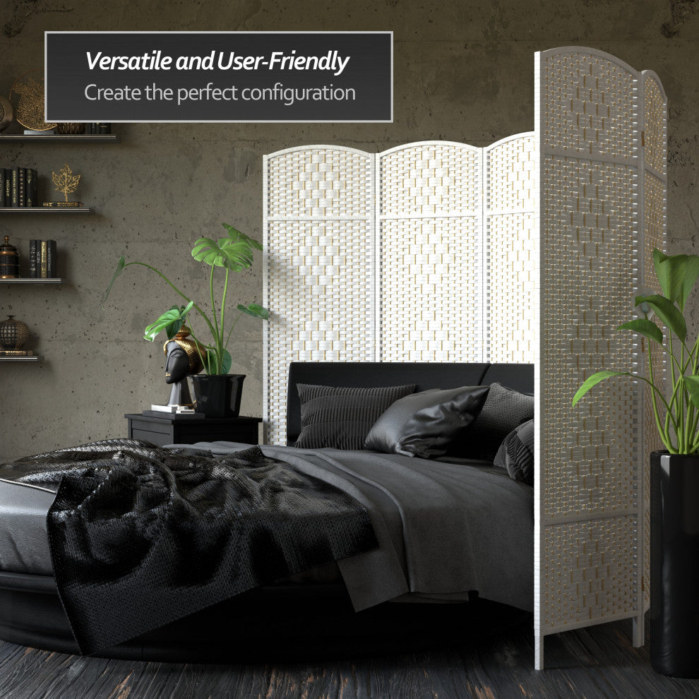 6' Tall Diamond Weave Fiber Room Divider, White, 5 Panel