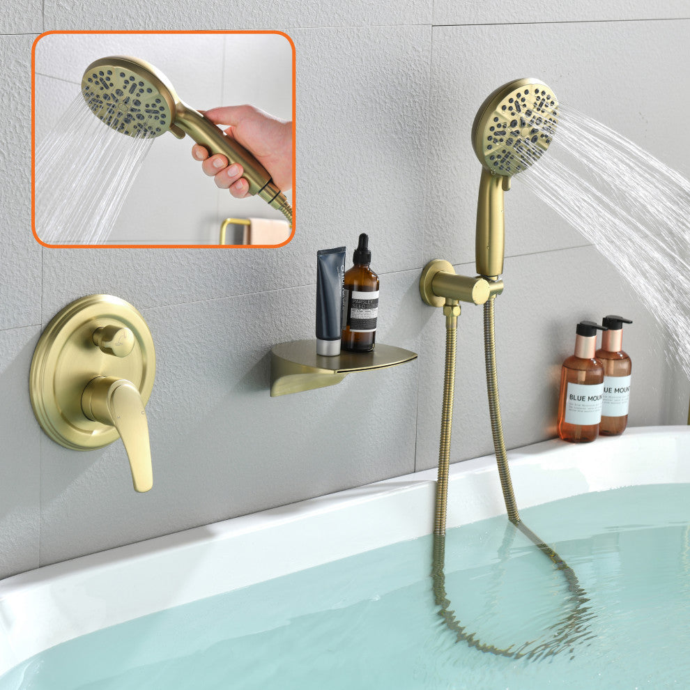 Single Handle Wall Mounted Waterfall Faucet With Handshower, Brushed Gold